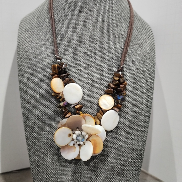 Shell stone flower necklace on brown cord crystal and tiger eye beads - Picture 1 of 9